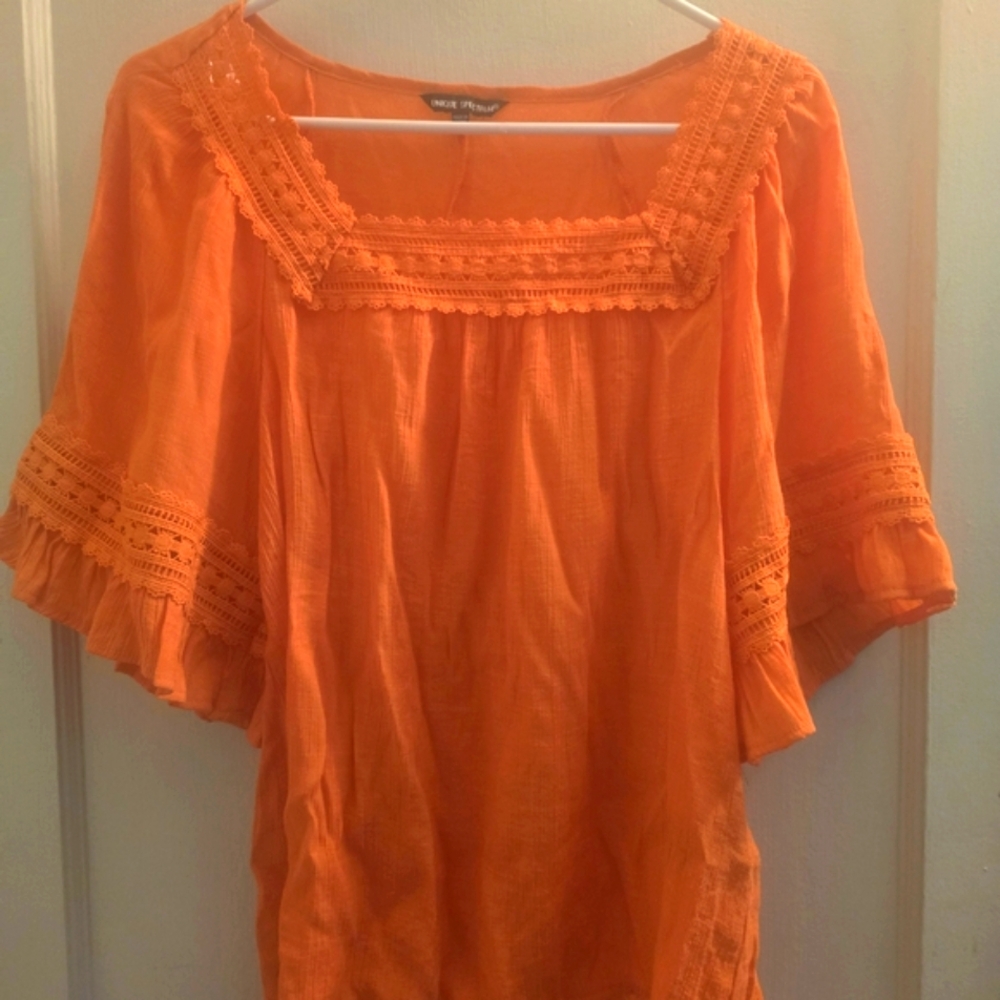 NWOT! Unique Spectrum Orange Blouse With Beautiful Embroided Lace! Size Small